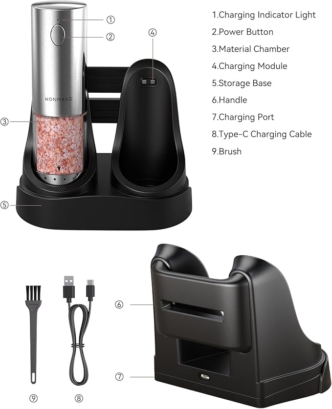 Electric Salt and Pepper Grinder Set - Automatic Refillable Salt and Pepper Grinders with Charging Base & LED Light, 6-Level Adjustable Coarseness with External Dial, Ideal Kitchen Gadget，Silver - Image 2