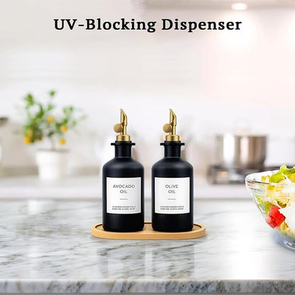 Olive Oil Dispenser Set, 2 x 11.8oz Black Glass Bottles with Auto-Flip Spouts & 2 Capped Spare Spouts, Bamboo Tray, Oil & Vinegar Cruet (Black)