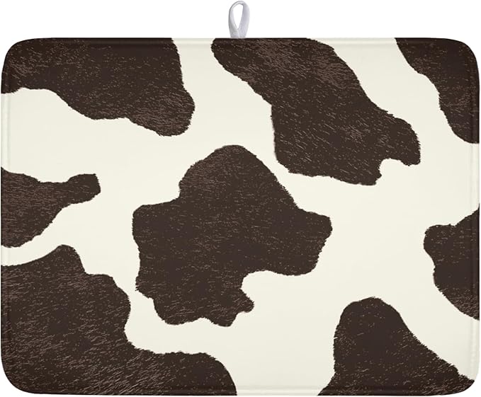 Milk Cow Drying Mat 24x18 Inch, Brown White Cowhide Drying Mat with Absorbent Reversible Microfiber, Cattle Fur Farmhouse Dish Drainer Mats Summer Rack Pad for Coffee Countertop Kitchen Protector