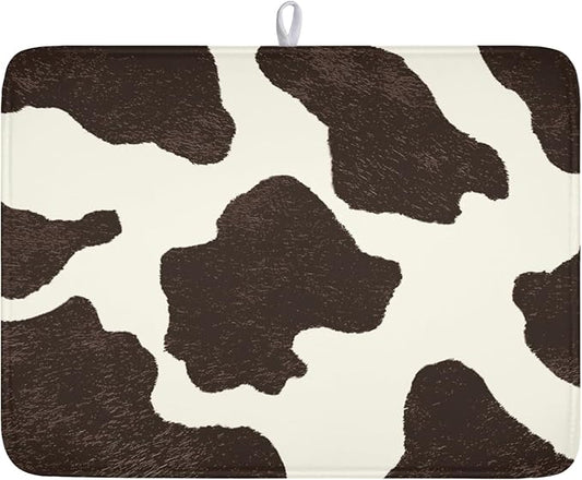 Milk Cow Drying Mat 24x18 Inch, Brown White Cowhide Drying Mat with Absorbent Reversible Microfiber, Cattle Fur Farmhouse Dish Drainer Mats Summer Rack Pad for Coffee Countertop Kitchen Protector