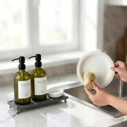 2 Pack Kitchen Soap Dispenser Set - 16oz Green Glass Dish and Hand Soap Dispenser with Stainless Steel Pump, Instant Dry Tray, Dish Brush & Holder, Refillable Countertop Sink Decor for Kitchen & Bath - Image 6