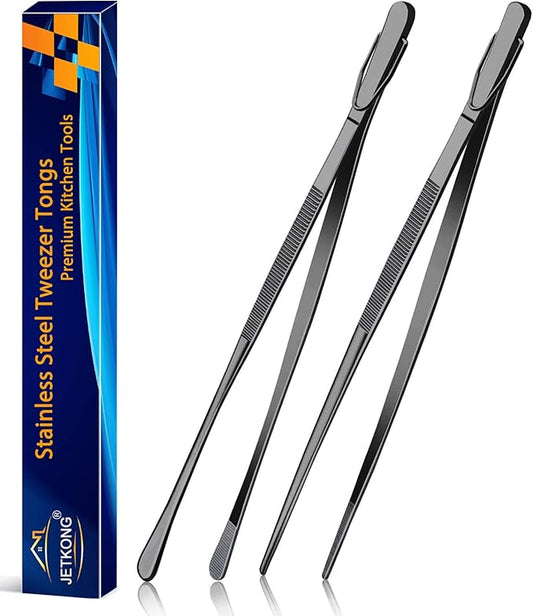 JETKONG 2 Pcs 12-Inch Food Tweezer Tongs, Stainless Steel Kitchen Tweezer Cooking Tweezers (Black) by JETKONG