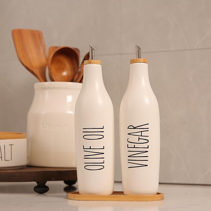 HOMCDALY Olive Oil and Vinegar Dispenser Set, 16oz Ceramic Oil Dispenser for Kitchen, Kitchen Dispenser Bottle for EVOO Vinegar Syrups, Modern Farmhouse Design | Set of 2 – P-White - Image 2