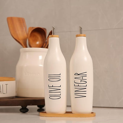 HOMCDALY Olive Oil and Vinegar Dispenser Set, 16oz Ceramic Oil Dispenser for Kitchen, Kitchen Dispenser Bottle for EVOO Vinegar Syrups, Modern Farmhouse Design | Set of 2 – P-White - Image 2