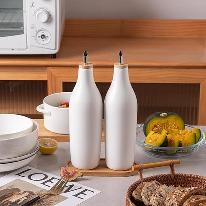 Sweejar Matte Ceramic Olive Oil Dispenser Bottles with Bamboo Tray, 17 Oz Oil Dispenser Set for Kitchen Counter, Opaque Oil Cruet for Cooking, EVOO, Vinegar, Avocado Oil, Pack of 2 (White & Tray) - Image 3