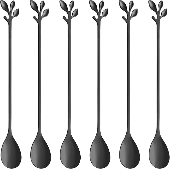 AnSaw 6-Piece Elegant Black Leaf Long Handle Teaspoons - 7.4" Stainless Steel Stir Spoons for Coffee & Tea, Perfect for Mixing & Stirring by AnSaw