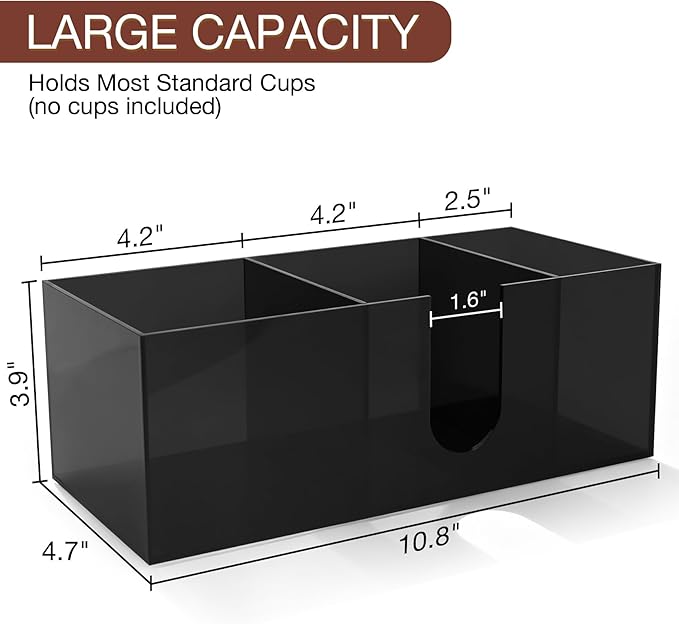 Acrylic Coffee Cup Holder for Countertop, 3 Slots Acrylic Coffee Bar Accessories and Organizer Anti Slip Waterproof, Clear Coffee Station Organizer for Cup Lid Straw,Transparent Black