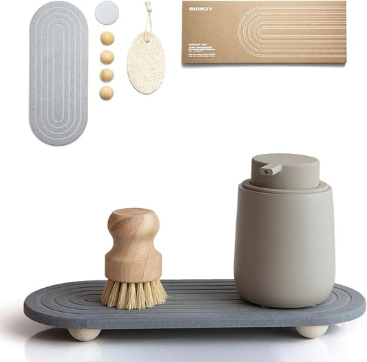 Instant Dry Sink Caddy Organizer – Water Absorbing Stone Tray for Kitchen Bathroom Countertop, Fast Drying Sink Caddy (with Wooden Feet and Natural Loofah, Gray) by RIOMZY