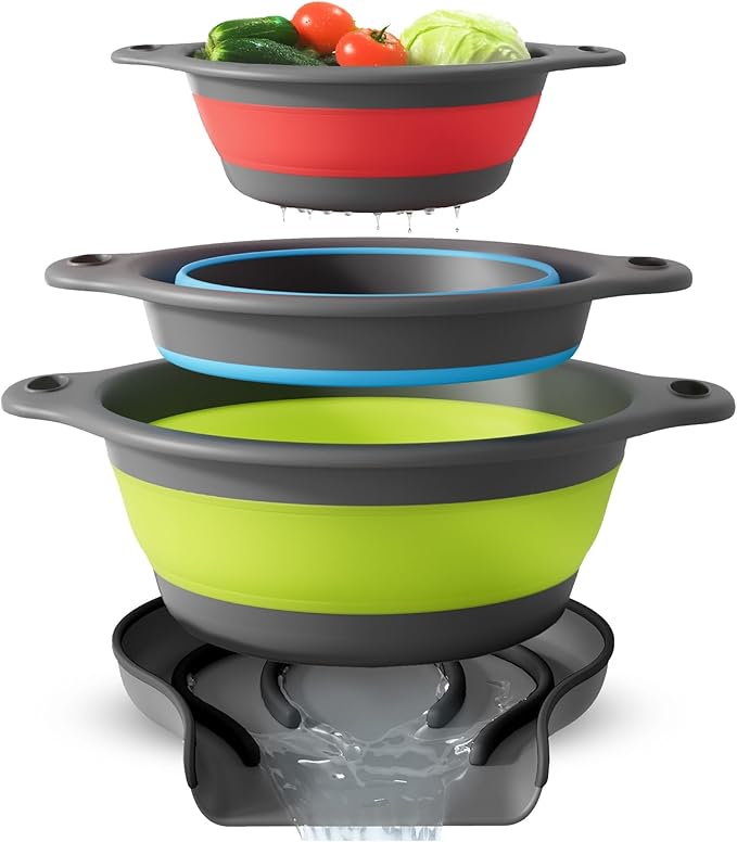 Gevoli Collapsible Colanders with Self-Draining Base for Edge of Sink, Food Strainers (Small/Med/Large), Nested Design for Easy Storage (Red, Blue, Green) (4PC Set) - Image 2