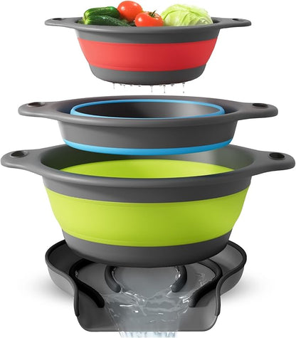 Gevoli Collapsible Colanders with Self-Draining Base for Edge of Sink, Food Strainers (Small/Med/Large), Nested Design for Easy Storage (Red, Blue, Green) (4PC Set) - Image 2