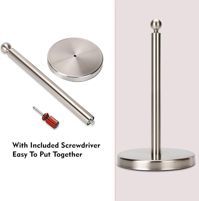 Kalitro Paper Towel Holder Countertop, Standing Paper Towel Roll Holder for Kitchen Bathroom, with Weighted Base for One-Handed Operation (Stainless Steel Base, Brushed Nickel) - Image 6