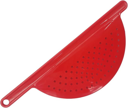 Handy Housewares Handheld Plastic Pot Drainer, Noodle & Pasta Strainer with Handle - Fits up to 9" Pots - Red