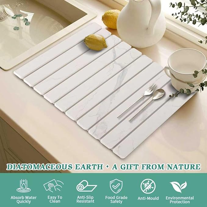 Stone Dish Drying Mat for Kitchen Counter, 24''×15'' Dishes Drying Matt Kitchen Counter, Absorbent Diatomaceous Earth Bath Quick Dry Mats for Tableware, Bottles and Cup(White Marble) - Image 4