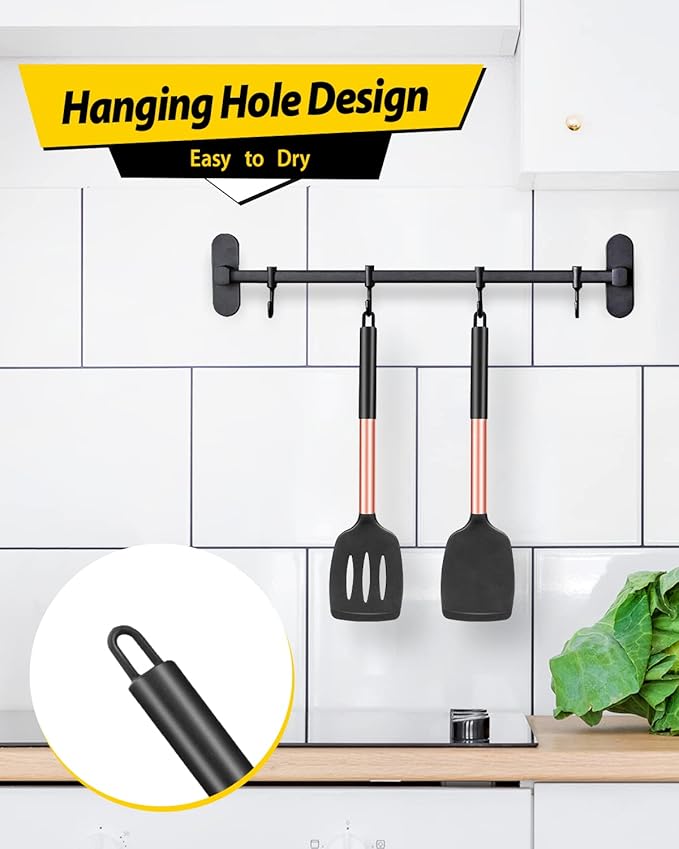Pack of 2 Silicone Solid Turner, Non Stick Slotted Kitchen Spatulas, High Heat Resistant BPA Free Cooking Utensils, Ideal Cookware for Fish, Eggs, Pancakes(Rose Gold Black) - Image 4