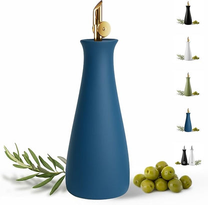 Ceramic Olive Oil Dispenser with Self-Closing Gold Spout - 530 ML Capacity Matte Blue Ceramic Oil Dispenser for Kitchen - Leak Proof EVOO Dispensing Bottle - Stylish, Ergonomic, Durable, Easy Pour by HBDesignCo