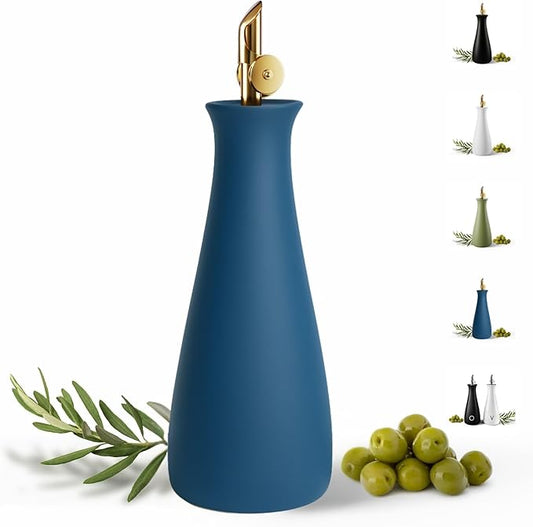 Ceramic Olive Oil Dispenser with Self-Closing Gold Spout - 530 ML Capacity Matte Blue Ceramic Oil Dispenser for Kitchen - Leak Proof EVOO Dispensing Bottle - Stylish, Ergonomic, Durable, Easy Pour by HBDesignCo