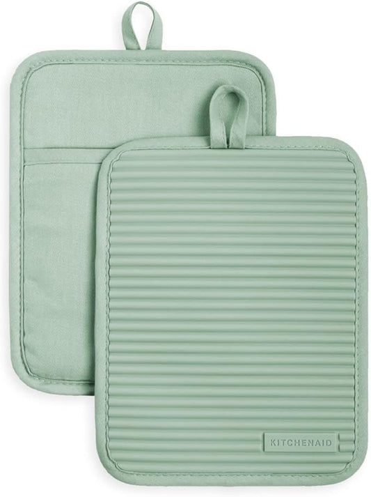 KitchenAid Ribbed Soft Silicone Pot Holder 2-Pack Set, Pistachio Green, 7"x9" by KitchenAid