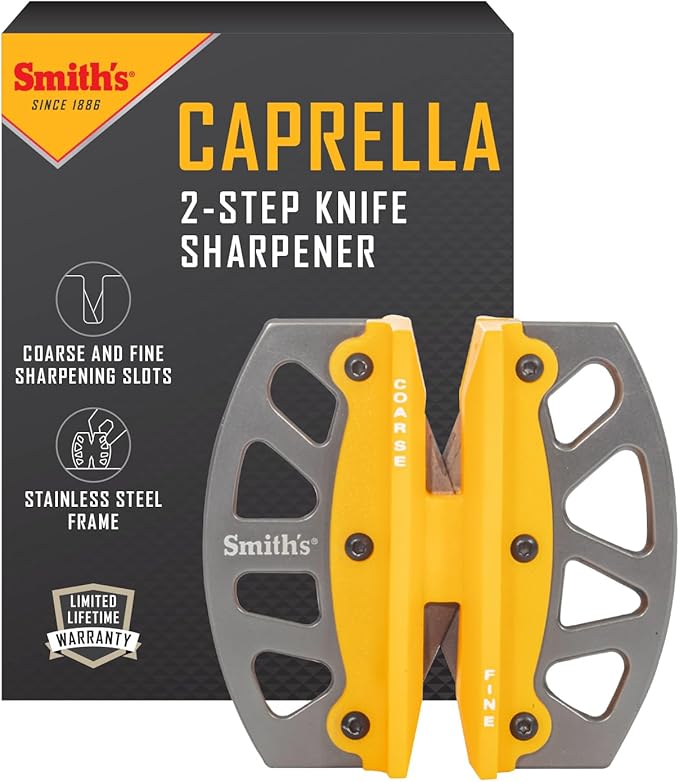 Smith’s 51176 Stainless Steel 2-Step Knife Sharpener | Yellow | Preset Coarse & Fine Slots | Outdoor Handheld Knife Sharpener | Fishing, Hunting, Filet, Pocket Knives | Portable Compact Keychain Tool by SmithsConsumerProductsInc