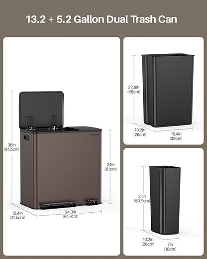 Dual Trash and Recycling Bins for Kitchen, 13.2 + 5.2 Gal (50+20L) Stainless Steel Trash and Recycle Bin Combo with Soft-Close Lid, Large Garbage Cans for Kitchen Home with 2 Magnets Sticker, Brown
