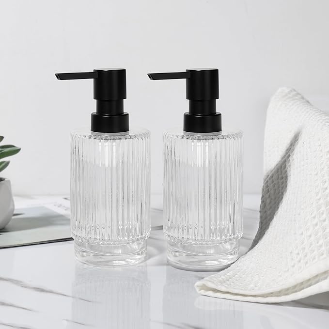VIMERPA Glass Soap Dispenser with Pump, 2 Pack 11 fl oz Clear Hand Soap Dispensers for Bathroom, Ribbed Style Dish Soap Dispenser for Kitchen, Modern Refillable Liquid Soap Pump Bottle