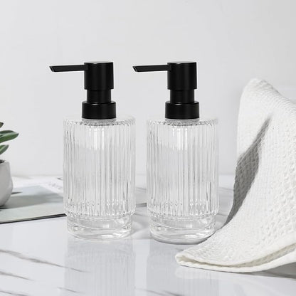 VIMERPA Glass Soap Dispenser with Pump, 2 Pack 11 fl oz Clear Hand Soap Dispensers for Bathroom, Ribbed Style Dish Soap Dispenser for Kitchen, Modern Refillable Liquid Soap Pump Bottle