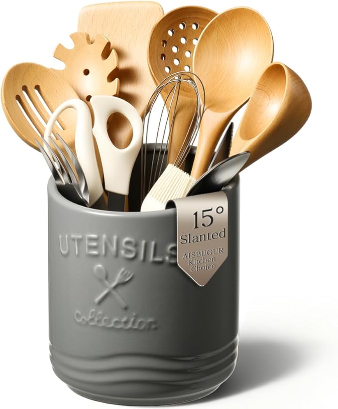 AISBUGUR Large Ceramic Utensil Holder 7.5" H×6.3" W with Slanted Mouth - Utensil Crock with Non-Slip Cork Base for Kitchen Counter, Ideal for Decor & Gift,Grey by AISBUGUR
