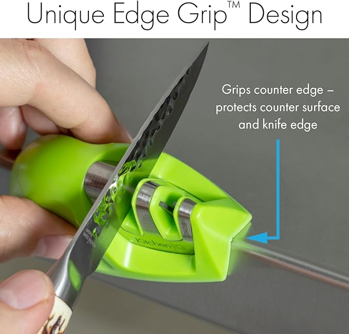 KitchenIQ 50881 - Edge Grip 2-Stage Knife Sharpener - Green - Coarse & Fine Sharpeners -Compact for Easy Storage - Stable Non-Slip Base - Soft Grip Rubber Handle - Straight & Serrated Knives - Image 10