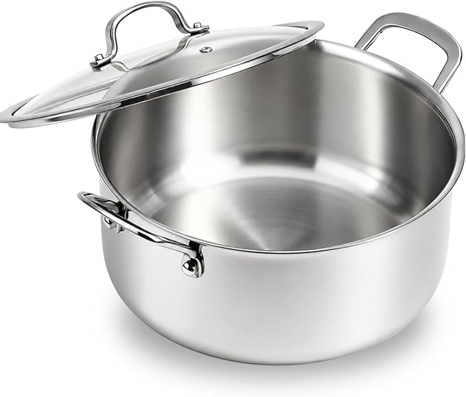 WANGYUANJI 7.3 QT Stainless Steel Stock Pot with Glass Lid, 11 Inch 18/10 Soup Pot with Tri-Ply Bonded Base, Induction & Oven Safe Large Cooking Pot for Pasta, Stew & Seafood Boil