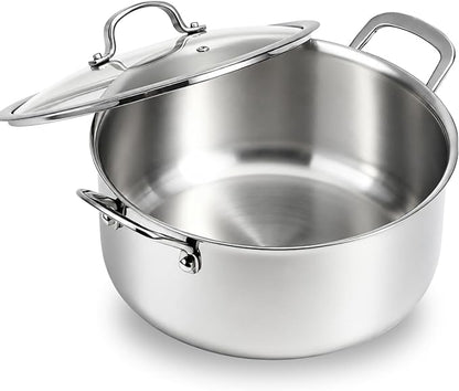 WANGYUANJI 7.3 QT Stainless Steel Stock Pot with Glass Lid, 11 Inch 18/10 Soup Pot with Tri-Ply Bonded Base, Induction & Oven Safe Large Cooking Pot for Pasta, Stew & Seafood Boil