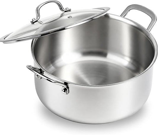WANGYUANJI 7.3 QT Stainless Steel Stock Pot with Glass Lid, 11 Inch 18/10 Soup Pot with Tri-Ply Bonded Base, Induction & Oven Safe Large Cooking Pot for Pasta, Stew & Seafood Boil