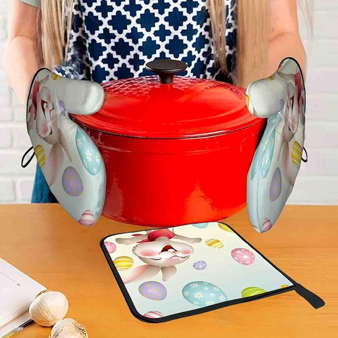 LOKMU Oven Mitts and Pot Holders Set of 3, Smiley Bunny with Easter Eggs Heat Resistant Kitchen Gloves Hot Pads for Cooking Baking BBQ, Kitchen Decor Gifts for Cooking Lover Cooks
