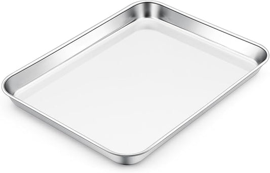 E-far Toaster Oven Tray, 10.5”x8.3” Stainless Steel Small Baking Cookie Sheet, Compact Non-toxic Metal Baking Pan for Cake, Healthy & Rust Free, Mirror Finish & Dishwasher Safe, 1 Pack by E-far