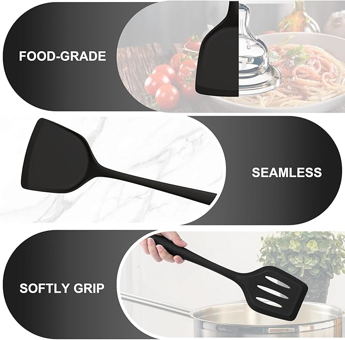 TeamFar Silicone Cooking Utensils, 4pcs Kitchen Utensils Set with Silicone Spatulas & Spoons, Heat-Resistant Solid & Slotted Cooking Spoons Turners for Non-stick Cookware, Dishwasher Safe, Black - Image 4