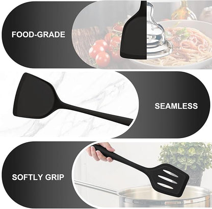 TeamFar Silicone Cooking Utensils Set, 5-Piece Heat Resistant Kitchen Utensils Set, Nonstick Slotted Solid Spoon Turner Pasta Server for Frying, Serving, Mixing, Non-Toxic & Dishwasher Safe, Black - Image 3