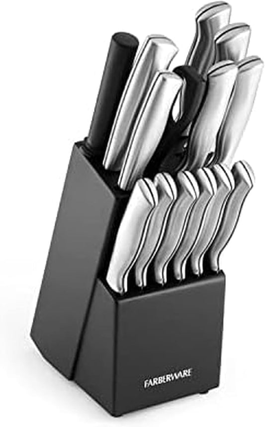 Farberware 15-Piece Kitchen Knife Set, High-Carbon Stainless Steel Blades with Wood Block, Steak Knives, Sharpening Tool & All-Purpose Shears, Razor Sharp, Ergonomic Stainless Steel Handles by Farberware