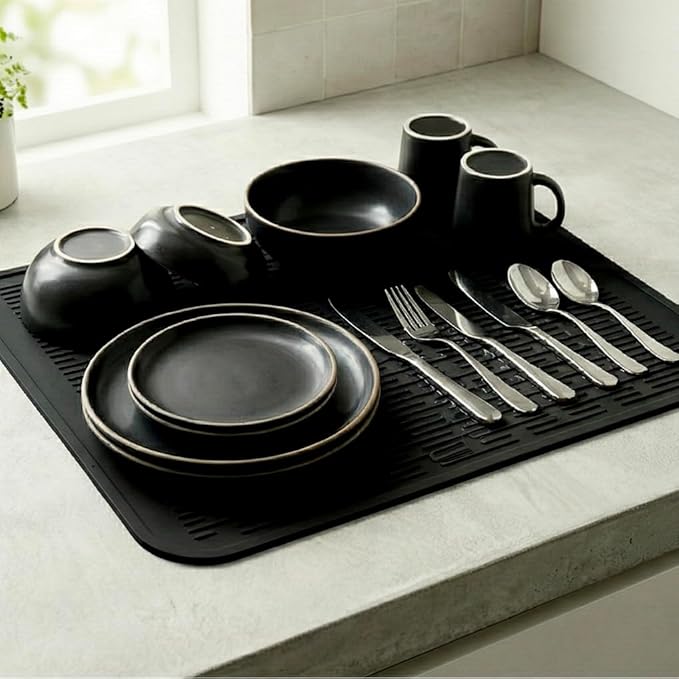 MicoYang Silicone Dish Drying Mat for Multiple Usage,Easy clean,Eco-friendly,Heat-resistant Silicone Mat for Kitchen Counter or Sink,Refrigerator or Drawer Liner Black XL 18 inches x 16 inches - Image 6