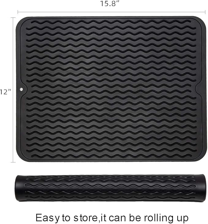 ZLR 2 Pcs Silicone Dish Drying Mat & Heat Resistant Trivet (12" x 16") - Waterproof Counter Protector for Coffee Maker - Non-Slip, BPA Free Kitchen Pad, Easy Clean Dishwasher Safe (Black) - Image 2