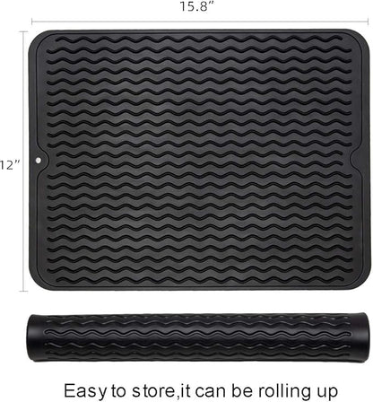 ZLR 2 Pcs Silicone Dish Drying Mat & Heat Resistant Trivet (12" x 16") - Waterproof Counter Protector for Coffee Maker - Non-Slip, BPA Free Kitchen Pad, Easy Clean Dishwasher Safe (Black) - Image 2