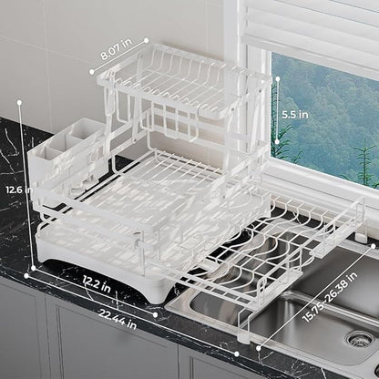 2 Tier Large Dish Drying Rack - Extendable Dish Rack, 2-in-1 Anti-Rust Stainless Steel Dishrack for Kitchen Counter and Sink, Dish Strainer with Utensil Holder & Cup Holder(White)