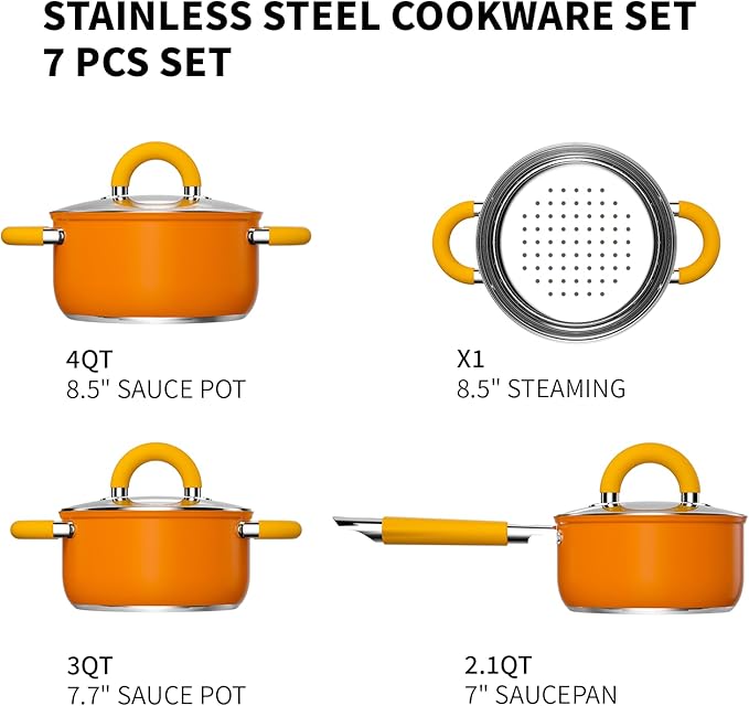 Stainless Steel Cookware Set, 5 Ply Pots and Pans Set 7 Piece, 4 3 2 QT Pot Pan with Lid and Steaming, Compatible with All Stovetops, Dishwasher Safe