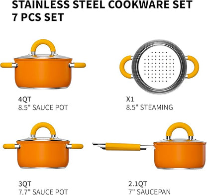 Stainless Steel Cookware Set, 5 Ply Pots and Pans Set 7 Piece, 4 3 2 QT Pot Pan with Lid and Steaming, Compatible with All Stovetops, Dishwasher Safe