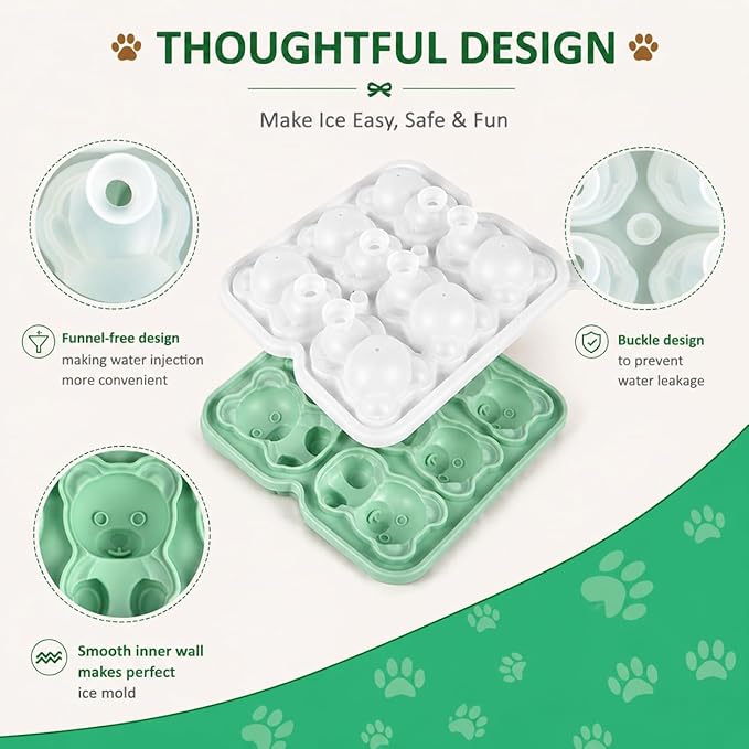 Bear Ice Cube Tray Mold - 3D Bear Shape Ice Cube Trays, Cute Ice Cube Molds for Whiskey Bourbon, 4-Hole Large Fun Shapes Ice Cube Trays, Funny Gifts for Animals Lovers Women Men