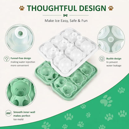 Bear Ice Cube Tray Mold - 3D Bear Shape Ice Cube Trays, Cute Ice Cube Molds for Whiskey Bourbon, 4-Hole Large Fun Shapes Ice Cube Trays, Funny Gifts for Animals Lovers Women Men