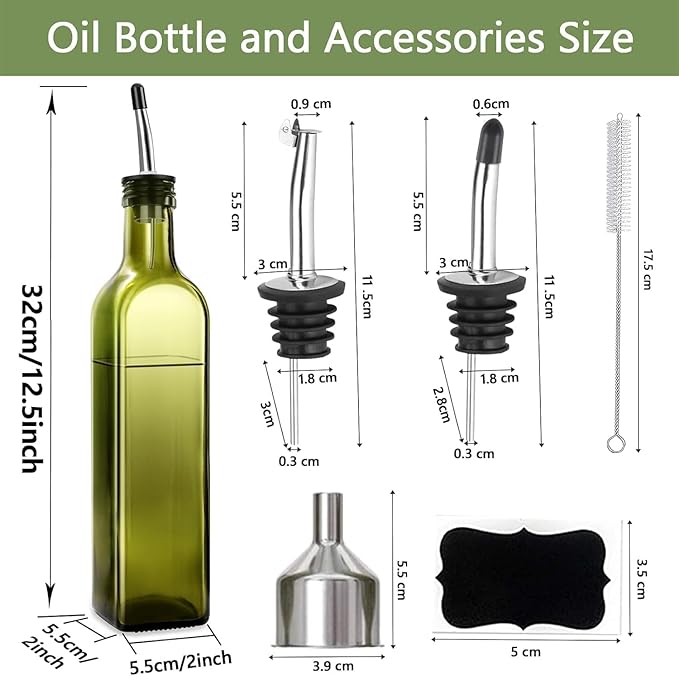 Glass Olive Oil Dispenser and Vinegar Dispenser Set with 2 Stainless Steel Pourers, 4 Labels, 1 Brush and 1 Funnel Oil Bottles for Kitchen (500ml)-Green (Olive Green) - Image 2