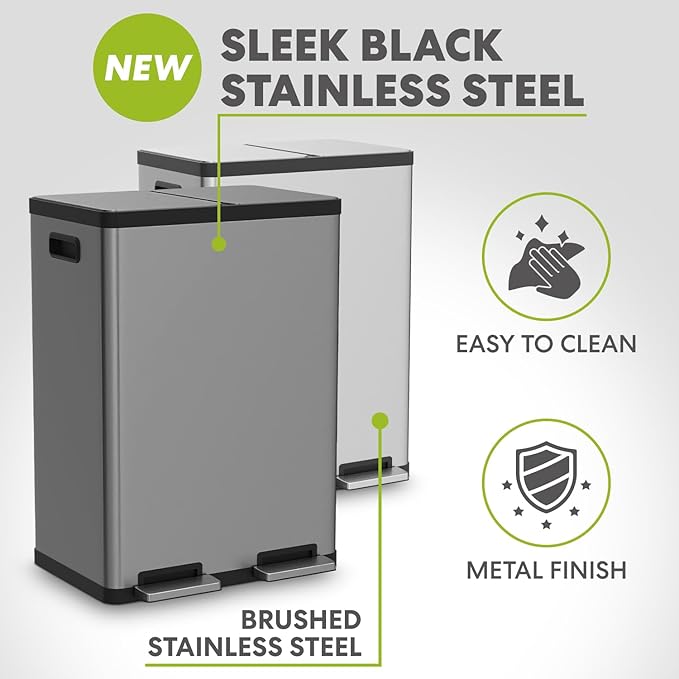 Simpli-Magic 16 Gallon (60L) Elegant Black Step Trash Can – Dual Compartment Kitchen Garbage Can with Waste & Recycling Bins – Slow-Close Lid, Odor Control, Hands-Free, Premium Stainless Steel - Image 4