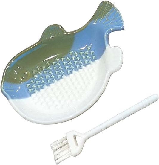 1PCS Ceramic Fish-Shaped Ginger Grater Plate with Cleaning Brush for Kitchen Gadget Ginger Garlic Spices (4.8"x3.5")