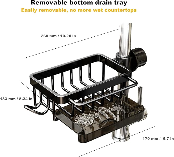 Sink Organizer Rack for Kitchen and Bathroom, 2025 New Stainless Steel Detachable Hanging Faucet Drain Rack with Drip Tray Faucet Sponge Holder for Bathroom, Scrubbers, Soap (Black, Left) - Image 8