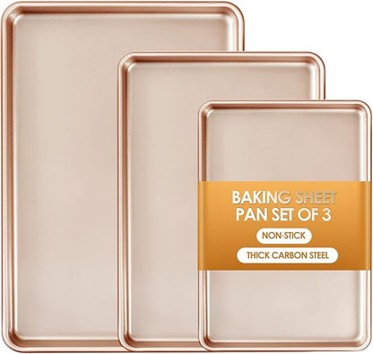Baking Sheet Pan Set of 3, Commercial Cookie Sheets for Baking, Nonstick Half/Quarter/Jelly Roll Pans Replacement Toaster Oven Tray, Heavy Duty & Easy Clean, Rose Gold by Deedro