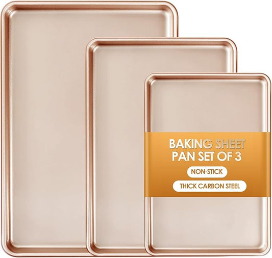 Baking Sheet Pan Set of 3, Commercial Cookie Sheets for Baking, Nonstick Half/Quarter/Jelly Roll Pans Replacement Toaster Oven Tray, Heavy Duty & Easy Clean, Rose Gold by Deedro