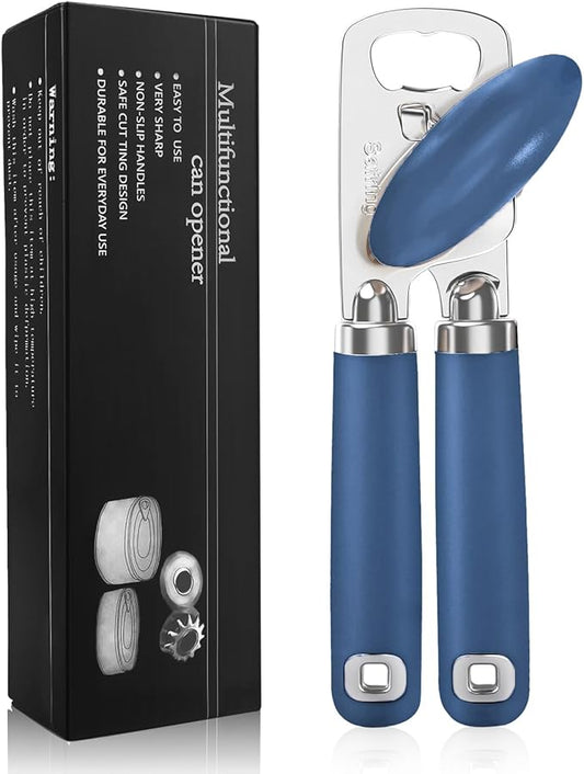 Safring Can Opener Manual, Heavy Duty Stainless Steel Smooth Edge Can Opener With Soft Touch Handle, Oversized Handheld Easy Turn Knob, Multi-Function Bottle Opener, Blue
